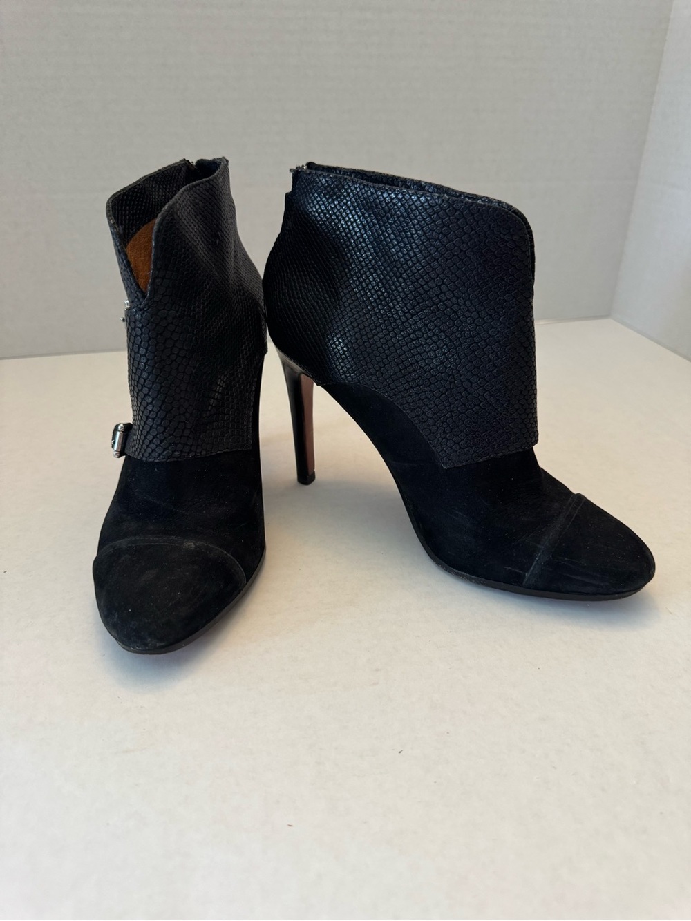 Coach Black Suede Snakeskin Double Monk Strap Booties Heel 7B - Picture 2 of 10